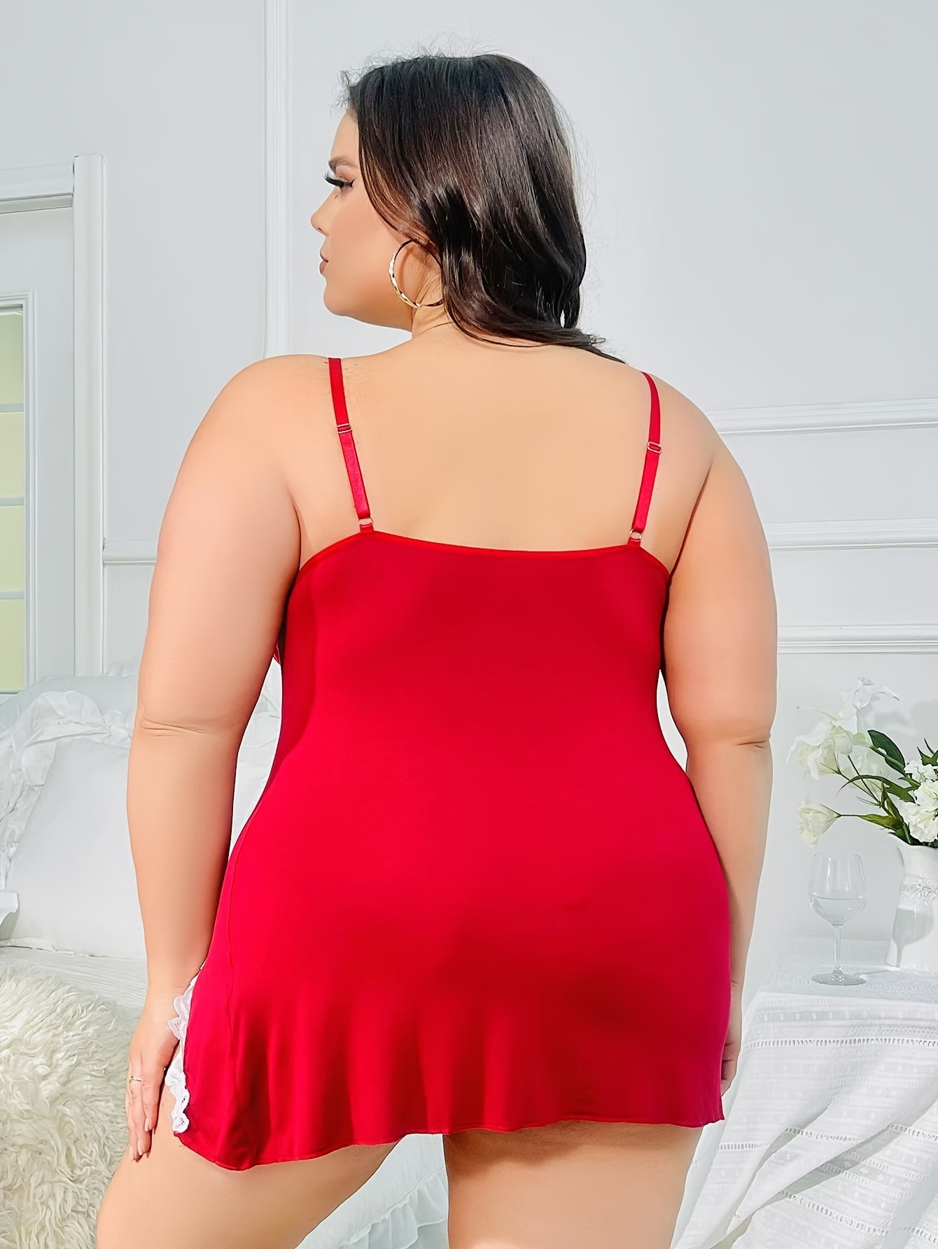 Elegant Women's V-Neck Lace Trim Camisole Nightgown - High Elasticity Fabric, Solid Color, Side Slit, All-Season Comfort