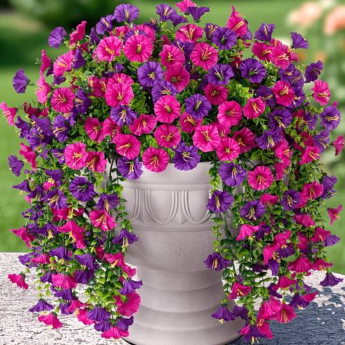 2pcs artificial hanging flower plants for outdoor decoration with eucalyptus uv resistant realistic vines for porch patio balcony courtyard decoration purple and magenta