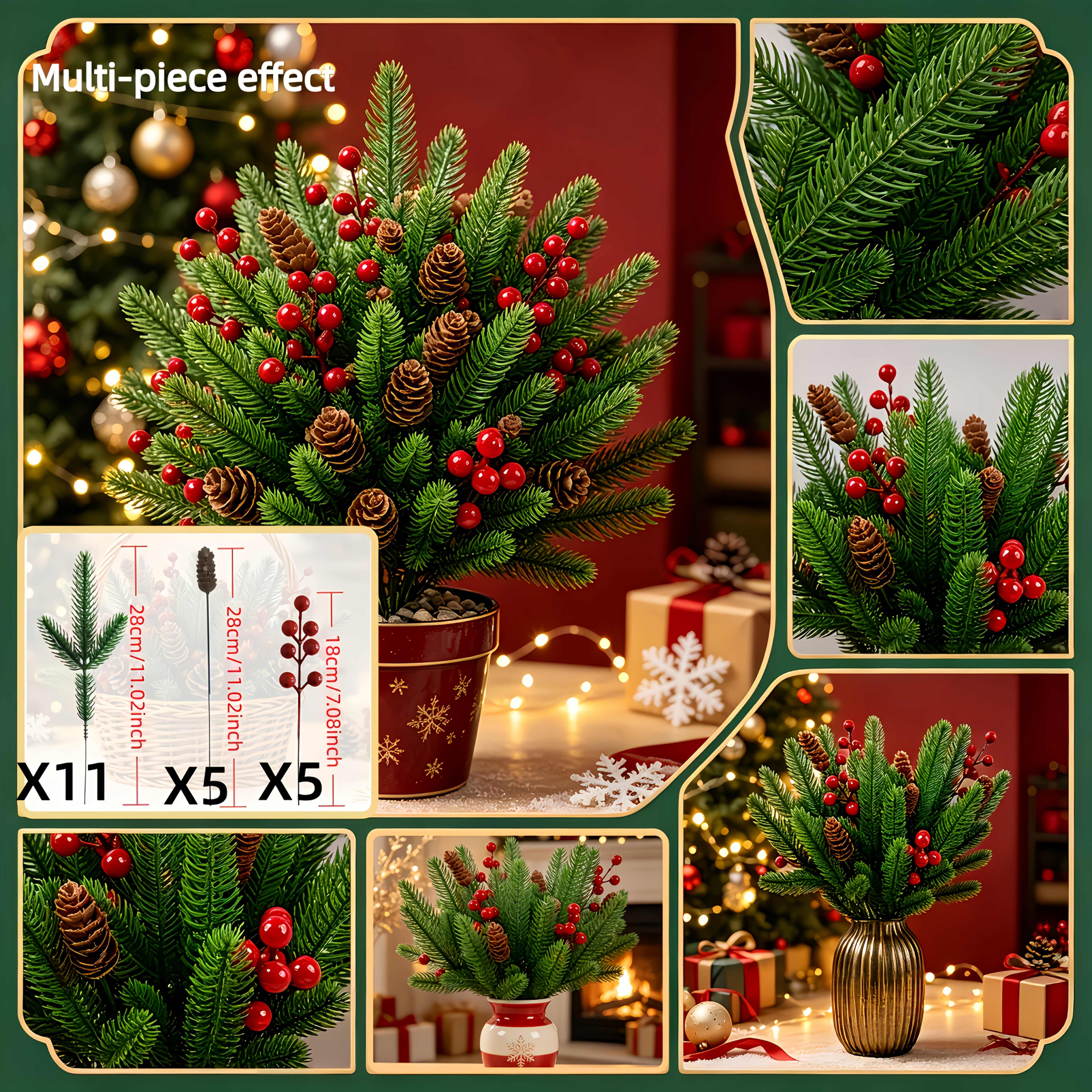 TEMU Ensemble floral de 21 pièces avec branche de pin artificielle, et rouges pour décorations de Noël à soi-. Branches artificielles d'aiguilles de