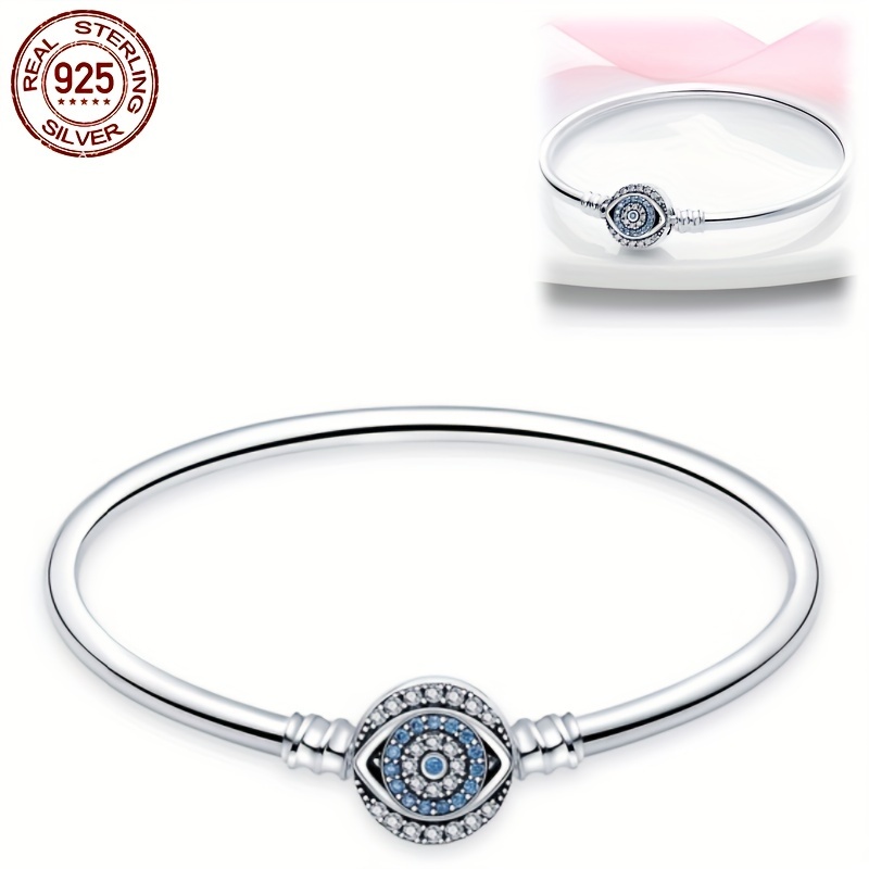 

925 Sterling Silver Evil Eye Charm Bangle Bracelet With Blue Cubic Zirconia Accents, 8g Silver Weight, Fashion Jewelry For Women, Parties, Casual Wear & Diy Gifts