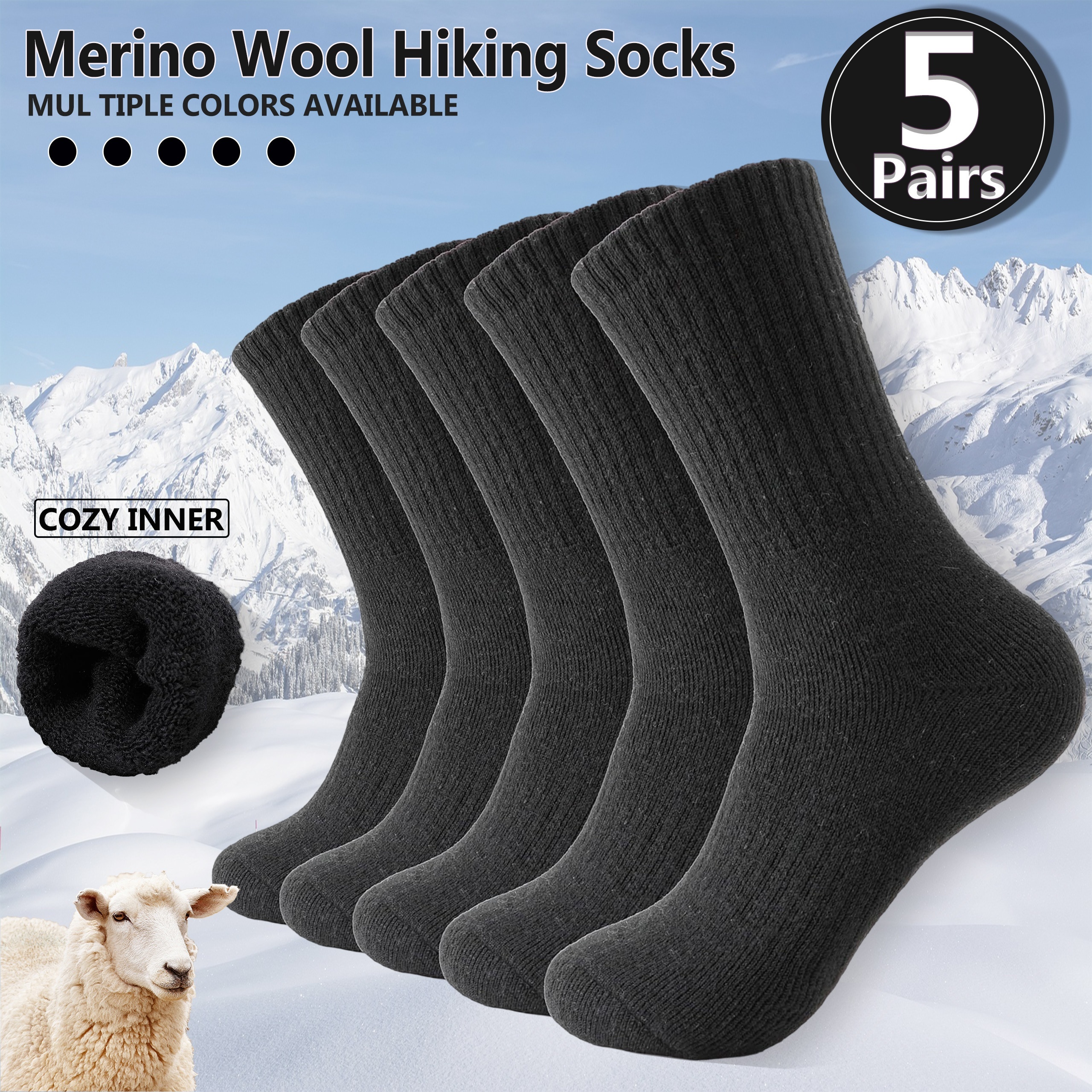 Image of 5 Pairs Merino Wool Hiking Socks, Thermal Warm Winter Thick Cushion Moisture-wicking Crew Boot Socks For Women, Perfect For Cold Weather, Winter