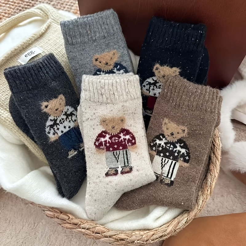 5-pair Autumn/winter Vintage Fleece-lined Sweater Bear Comfortable Mid-calf Socks