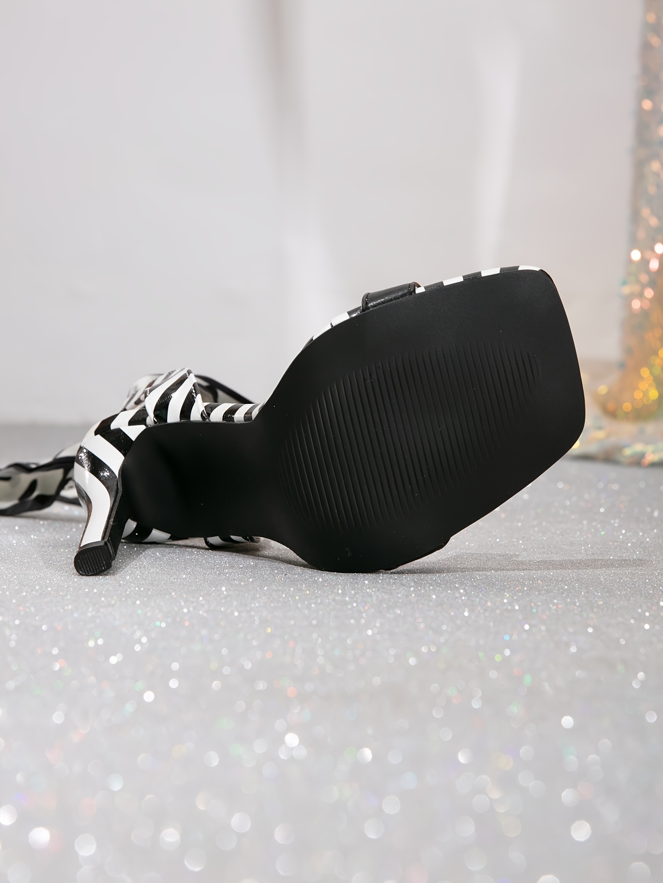 Women'S Chic Black & White Striped Open-Toe High Heels with Bowknot Strap - Elegant Square Toe Stiletto Sandals, Synthetic Cover Ankle Strap, All-Season Fashion Footwear, Stiletto Heels