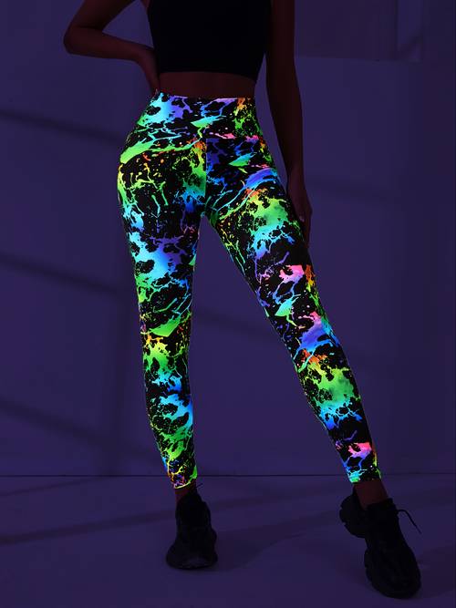 1 paar -the-dark bedrukte yogabroek, fluorescerende zeer rekbare legging voor dames, 90% 10% spandex, stof, volledige lengte, feeststijl