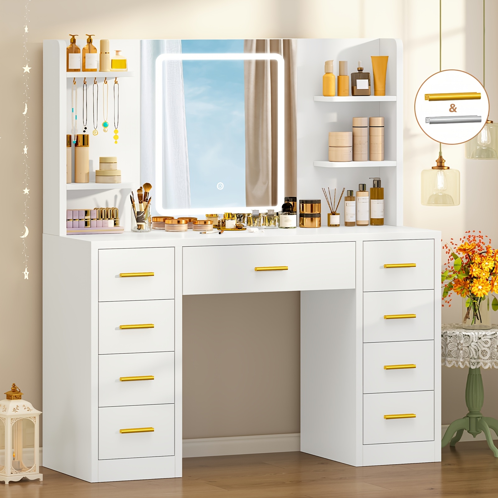 Vanity Desk With Mirror And Led Lights, Makeup Vanity Table With 9 Drawers And 4 Storage Shelves Dressing Table For Bedroom Dressing Room