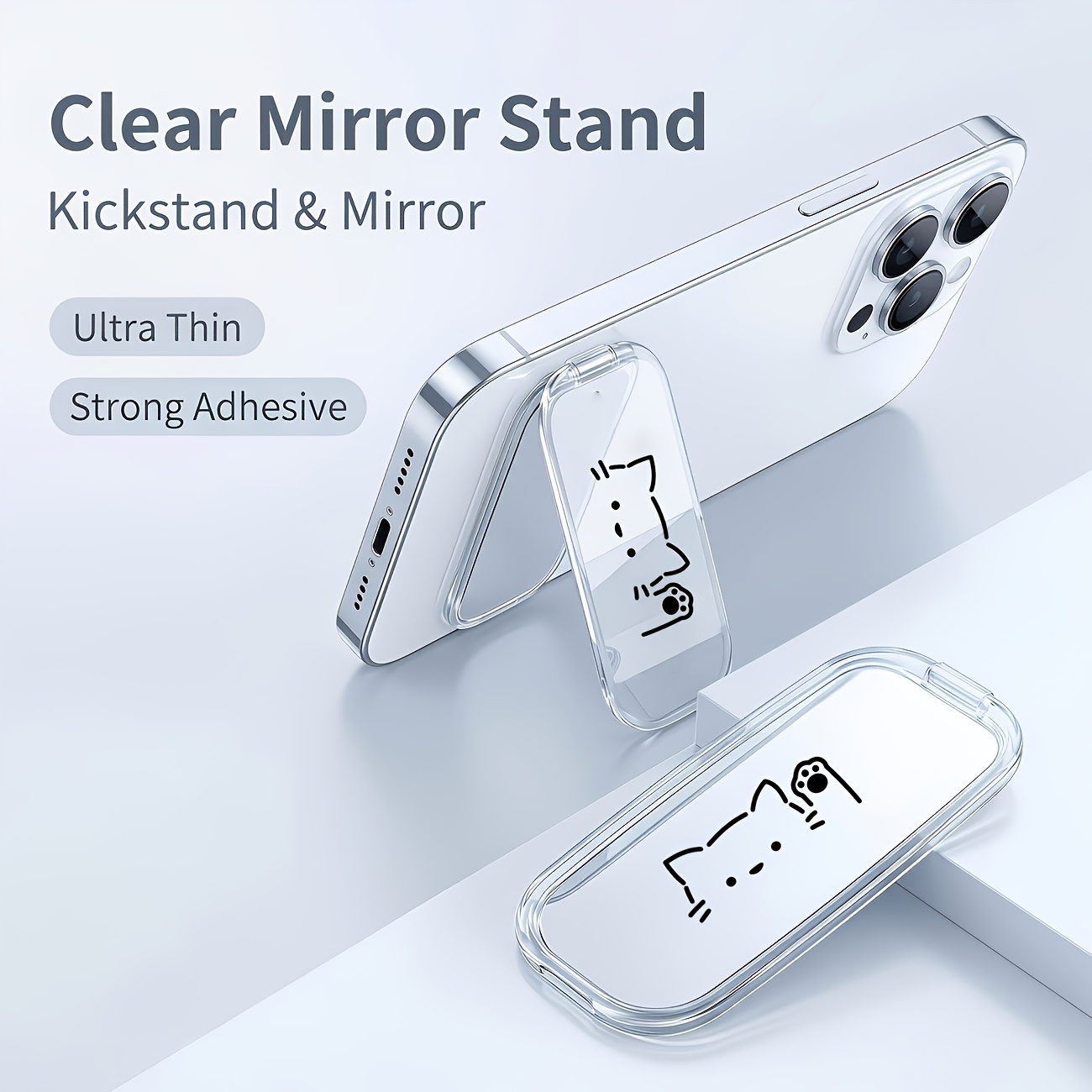 TEMU 1pc Cute Waving Kitten Pattern Transparent Phone Stand, Adorable Transparent Mirror Phone Stand Back Sticker, Suitable For Multiple , Phone
