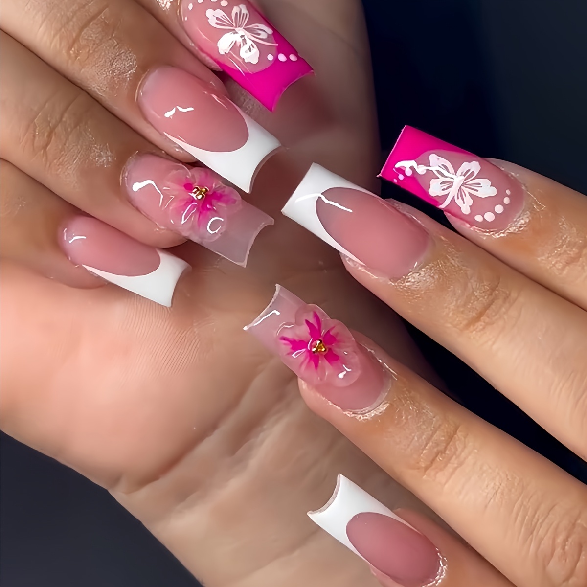 TEMU A Set Of 24 Medium-length Square Press-on Nails In Elegant White Lace Design, Featuring Three-dimensional Sparkling Flowers And Shimmering .