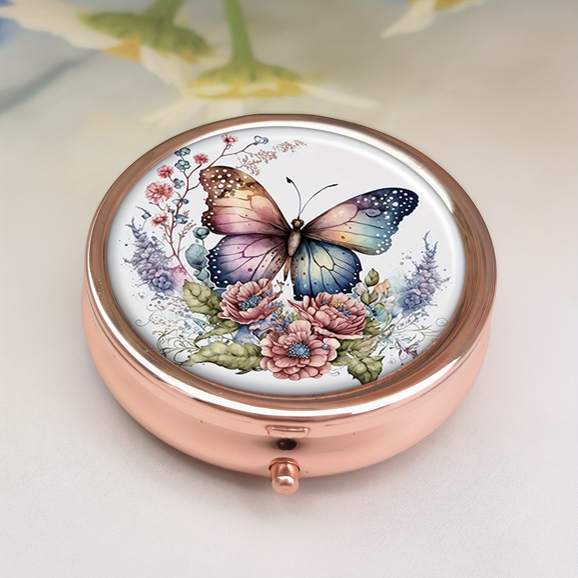 

Vintage Butterfly Floral Pill Case - 3 Compartment Round Medicine Organizer, Portable Pocket Tablet & Vitamin Holder For Purse - Golden Pill Box Gift