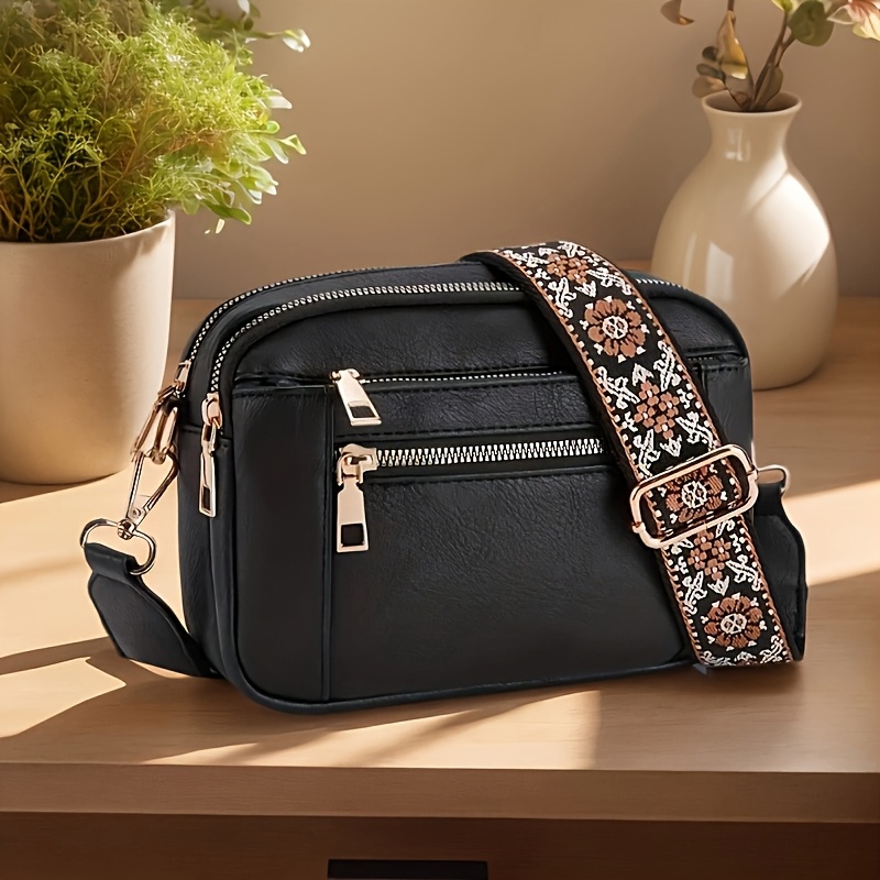 TEMU Borsa a tracolla vintage ricamata con spallacci larghi regolabili, caratterizzata da una texture morbida e un design a con pi羅 cerniere per e .