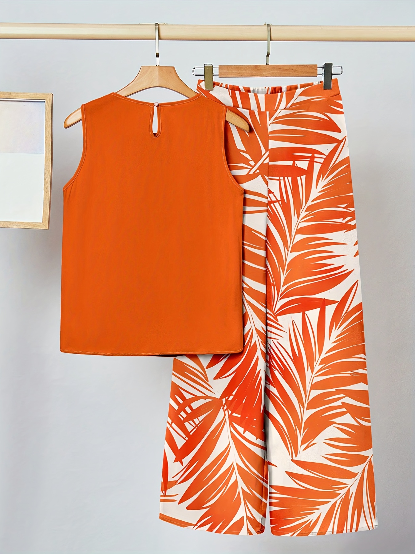 2pcs womens orange print vacation outfit suitable for summer womens   outfit womens elegant vacation outfit womens beach vacation outfit womens   outfit womens island vacation outfit details 1