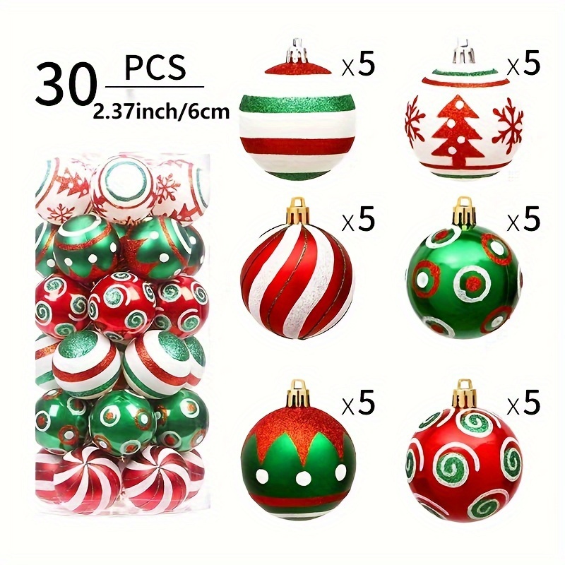 

30pcs Christmas Tree Ornaments Set, 2.36" Hanging Decorations, Red Striped & Patterned Plastic , No , Cap