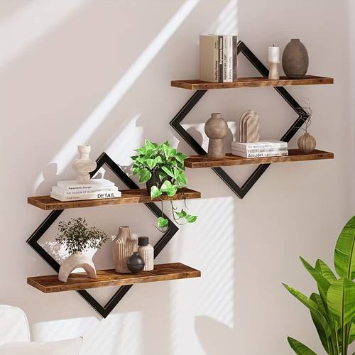 2 4pcs double layer geometric diamond wall floating shelf decorative industrial hanging metal wire wooden display stand wall floating stand artistic style suitable for living room kitchen floating shelves