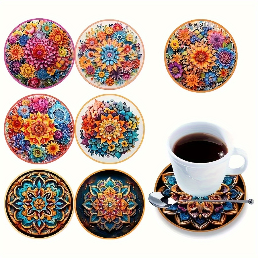 

8-piece Mandala Floral Coaster Set - Heat-resistant, Non-slip Wooden Drink Mats For Dining & Home Decor