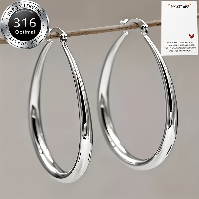 TEMU Pendientes grandes de aro de de acero inoxidable 316L, aretes ovalados de , aretes hipoalergénicos, ligeros, brillantes, de , joyería para el