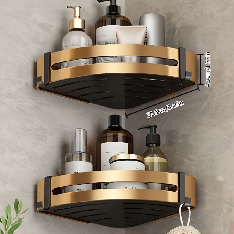 Image of Elegant 2-tier Corner Wall Shelf - Golden Metal Wall Mounted Organizer For Bathroom, Kitchen, Bedroom & Living Room, Space- Corner Storage Rack With & Secure Mounting System, Corner Shelves