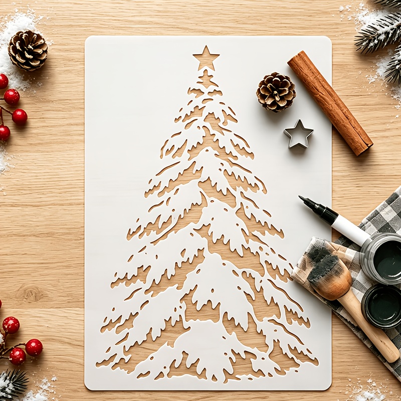 TEMU Christmas Tree Stencil 1pc/set Reusable Holiday Template For Painting On Wall Fabric And Paper Art Craft Project Large Winter Pine With Star
