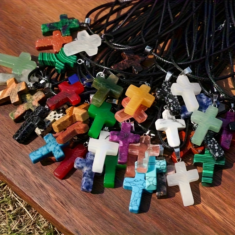 20pcs natural stone cross pendant necklace set chakra gemstone quartz cross necklace decoration with black leather cord jewelry making suitable for necklace jewelry making Product details 6