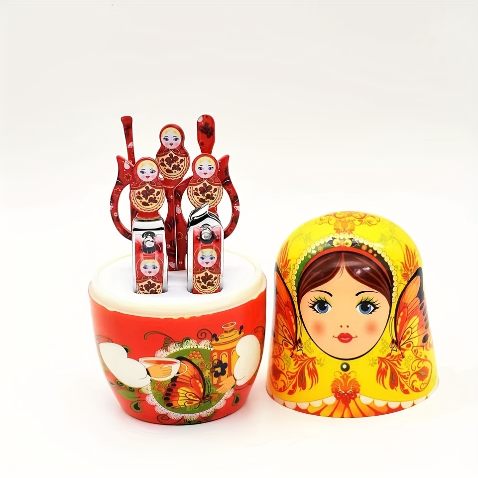7pcs Russian Nesting Doll Manicure Set - Portable Stainless Steel Nail Care Kit With Scissors, Clippers, And Grooming Tools In Decorative Travel Case, Nail Tech Supplies