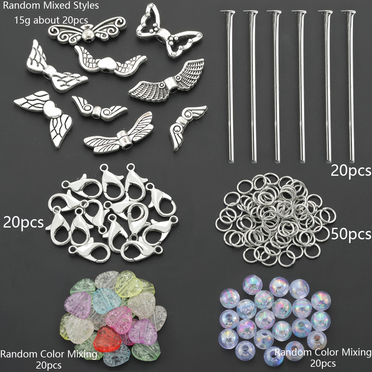 TEMU 150pcs Keychain Making Kit Includes 20pcs (15g) Random Mixed Style Wing Shaped Spacer Beads, 20pcs Pins, 20pcs Lobster Clasps, 50pcs Jump Rings,