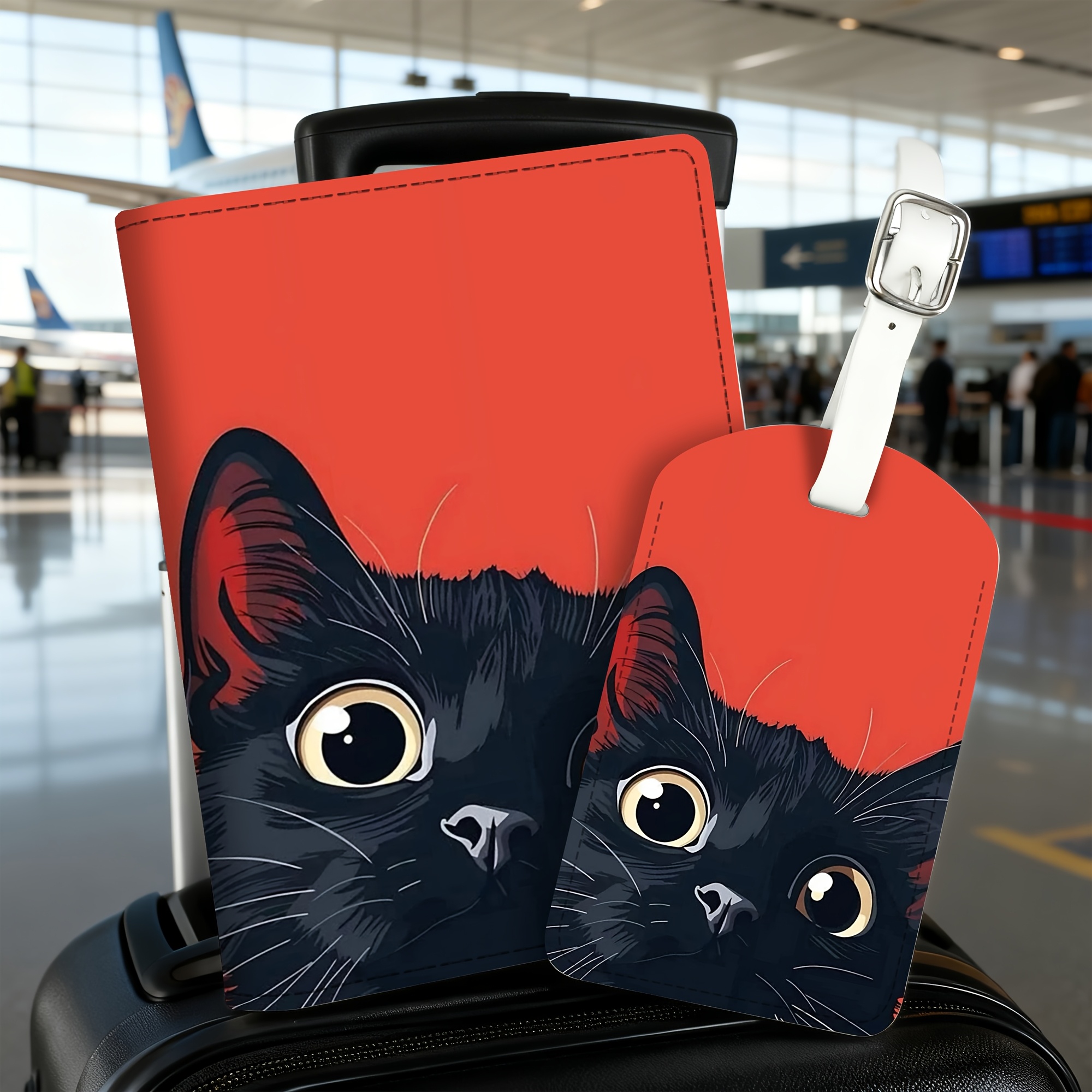 TEMU 2pcs Set Black Cat Illustration Pattern Passport Holder And Luggage Tag, Lightweight Pu Material, Suitable For Travel Bags, Backpacks, Gym Bags,