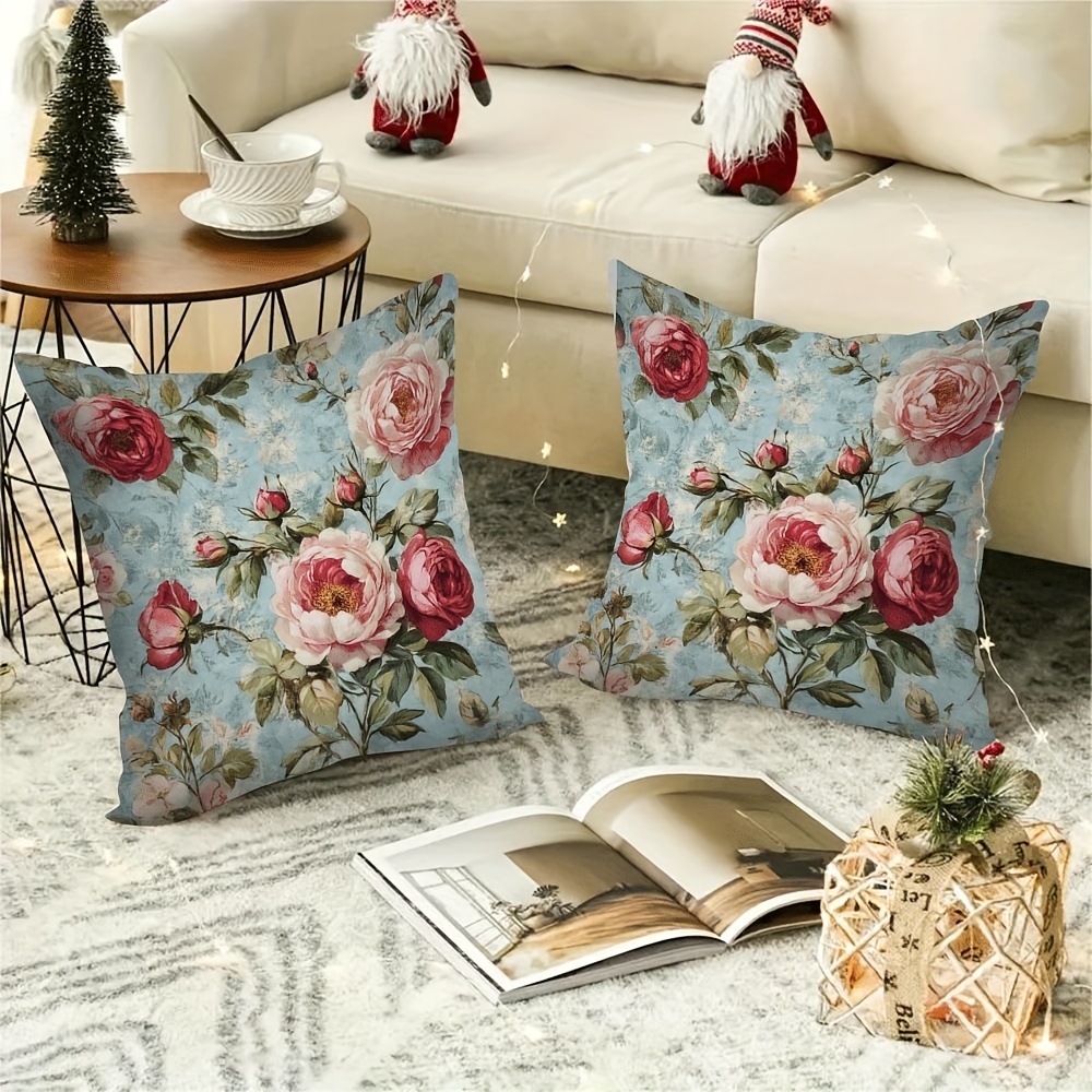 

2-pack Polyester Floral Pillow Covers 18x18 Inch - Rose And Design Throw Cushion Cases For Home Sofa Decor, Hidden Zipper, Decorative Pillowcases For Adults - Machine Washable,