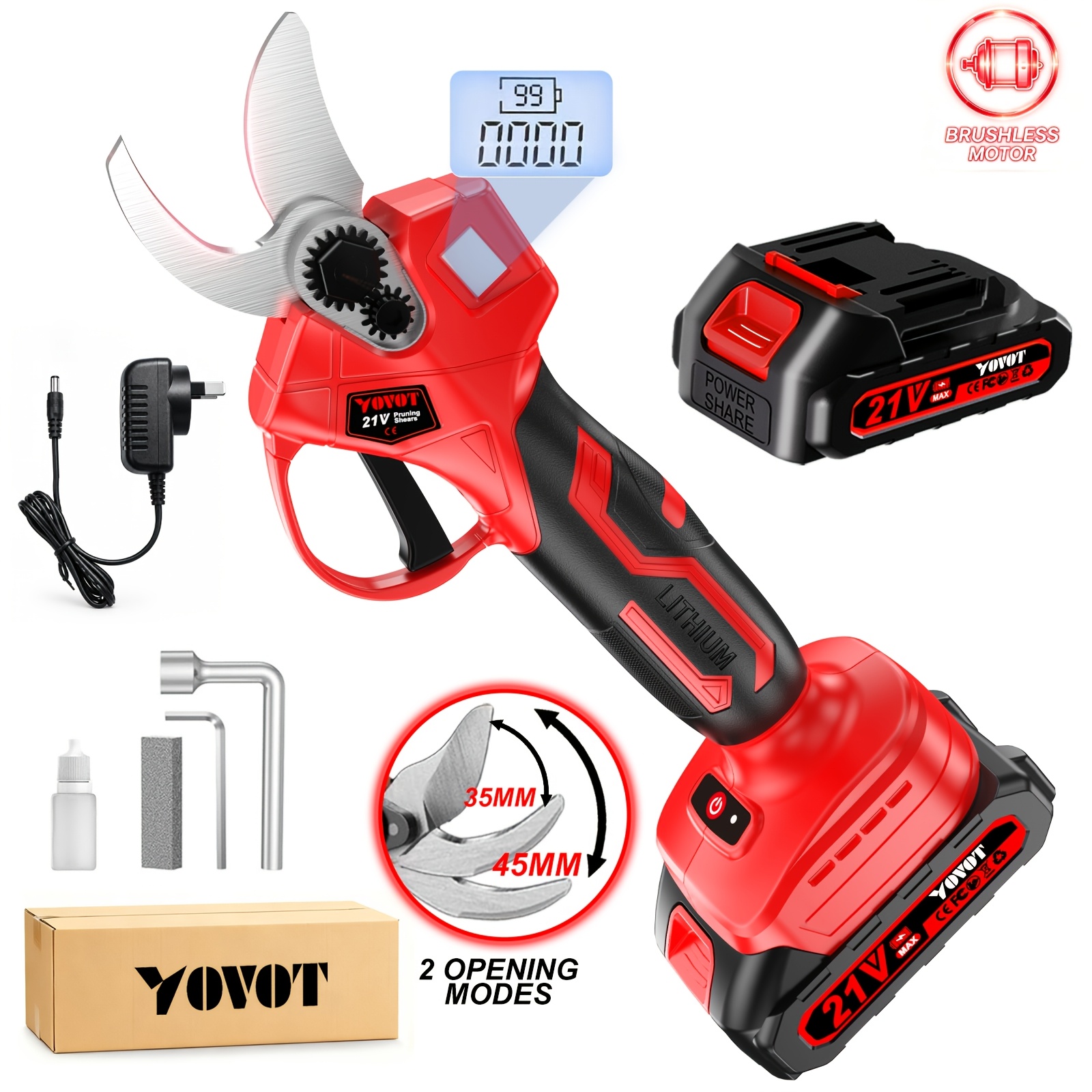 TEMU Brushless Electric Pruning Shears For 21v Battery, Equipped With 2 Or 1 Battery, Portable Cordless Pruning Shears With Lcd Display, Adjustable