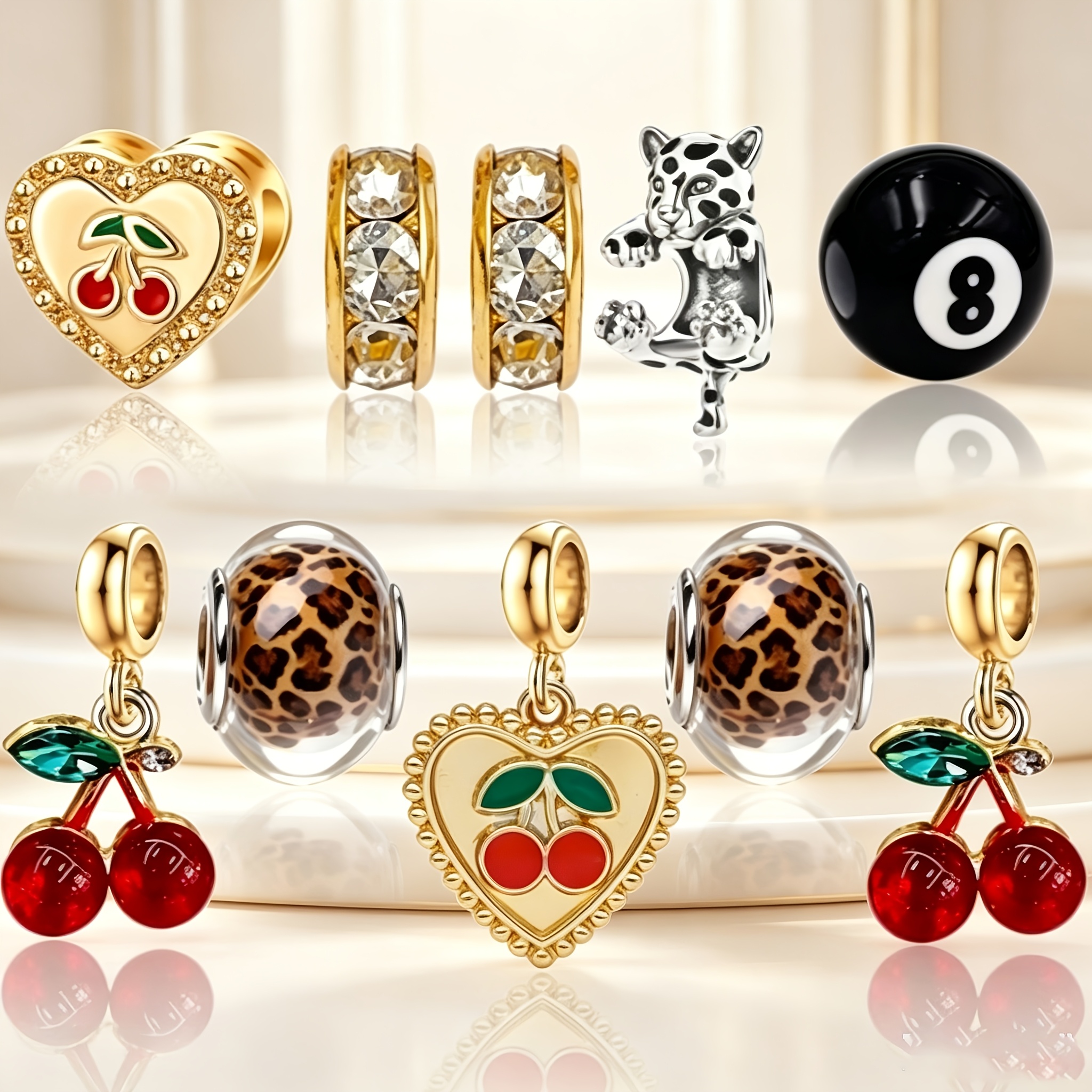 TEMU 10pcs Retro Leopard Cherry Pendant Set, Red Zirconia Cherry, Leopard Pendant, Bracelet Necklace Handmade Jewelry Making