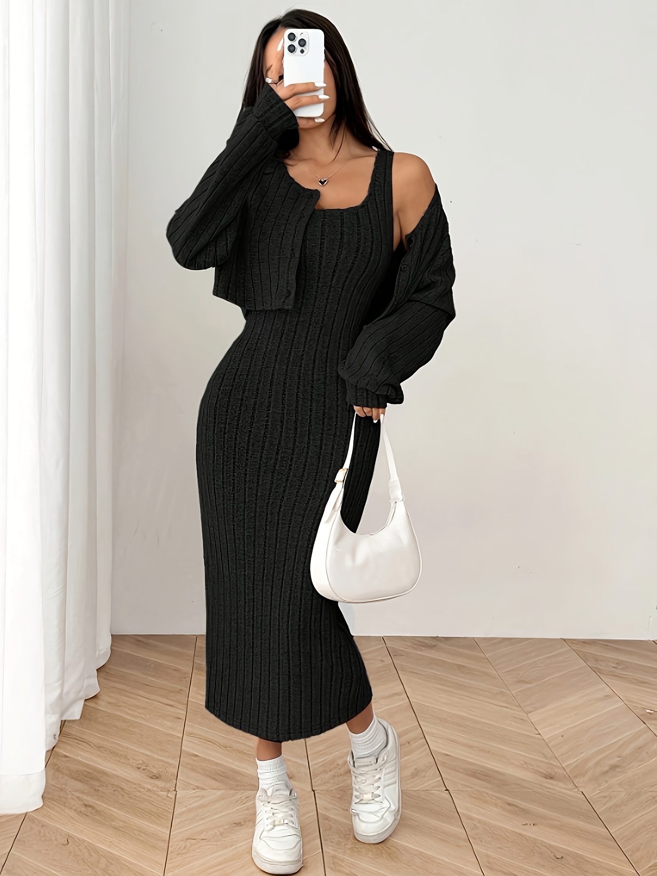 womens two piece set long sleeve cardigan fit dress - Temu Oman