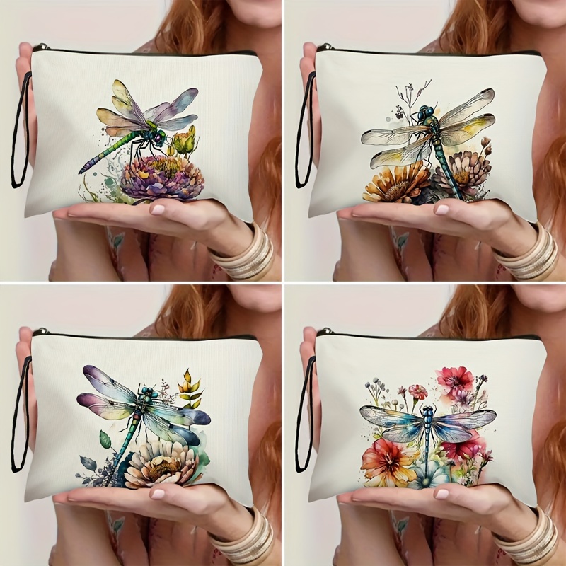 

Waterproof Polyester Cosmetic Bag For Women With Dragonfly And Floral Print, Durable Travel Makeup Pouch With Zipper Closure - Unscented, 1pc