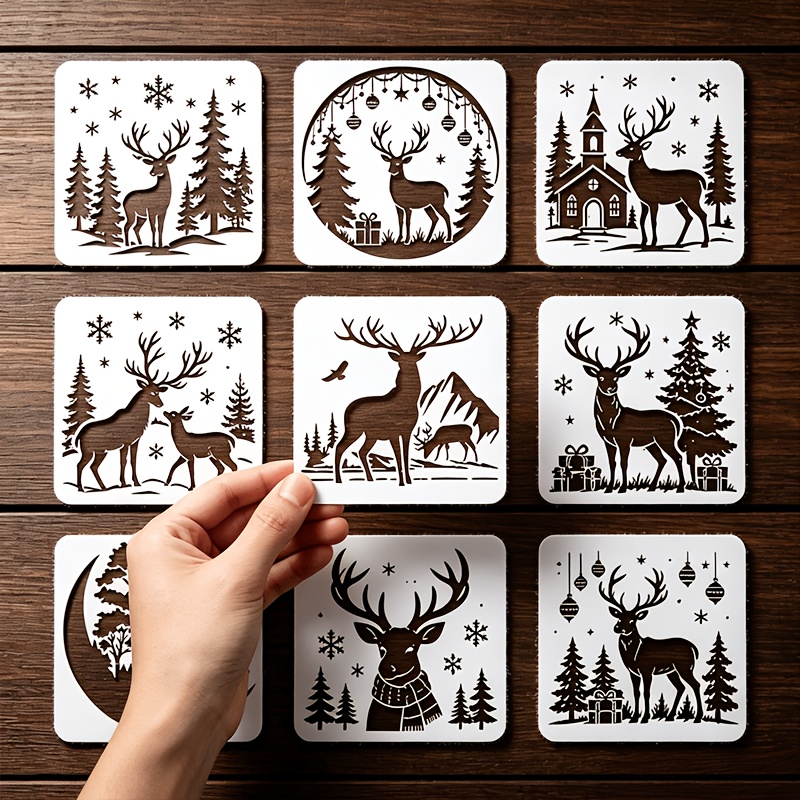 TEMU 9pcs Deer Silhouette Stencil Set, Reusable Painting Stencils, Christmas Templates, Measuring 3.94 X 3.94 Inches, Suitable For Painting, Home