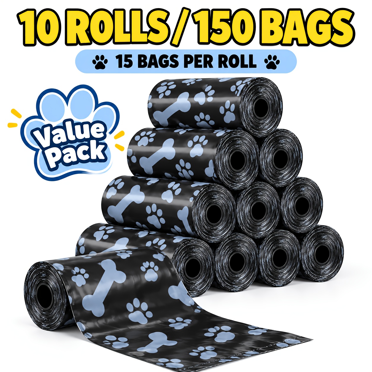 TEMU 150pcs Dog Poop Bags, 10 Rolls Thick Leak Resistant Pet Waste Bags, Print Dog Bags For Walking, Travel & Outdoor