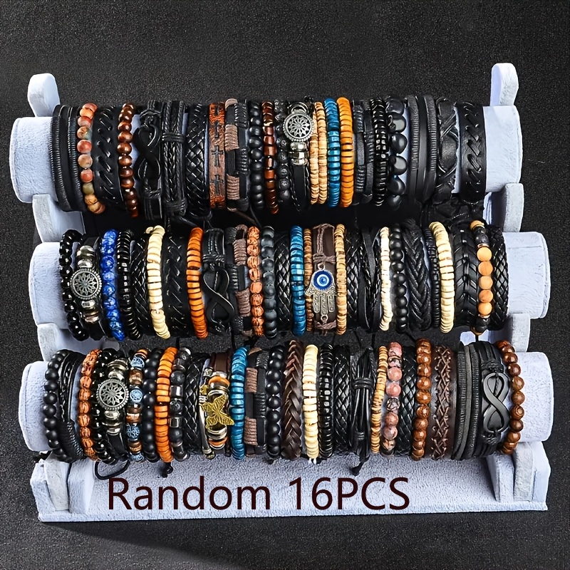 TEMU Juego de 16 brazaletes para hombre, aleatorio, combinación de cuentas de madera de color aleatorio y cuero sintético, brazalete para hombre,