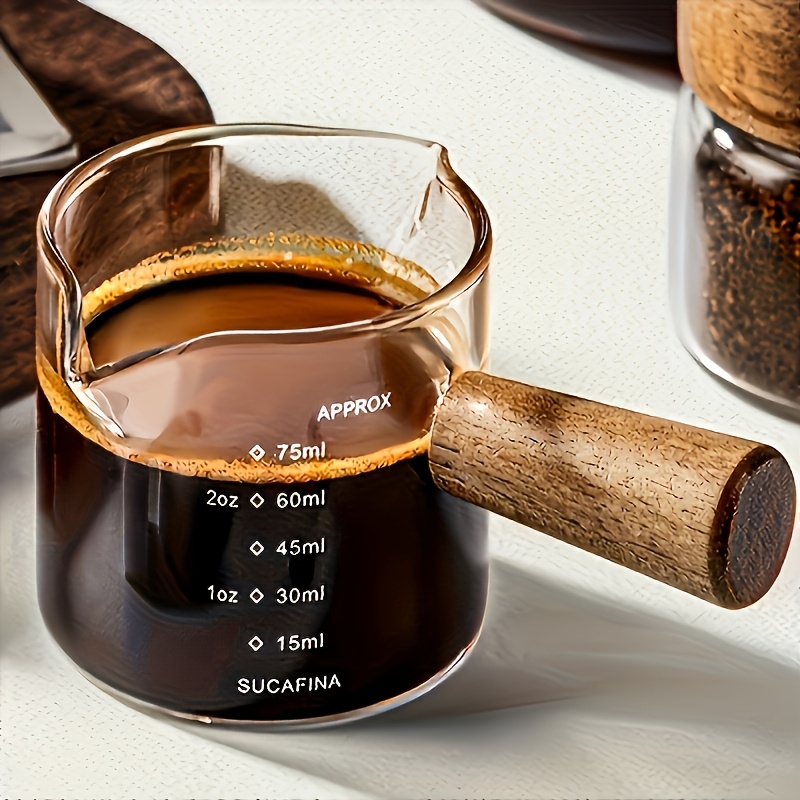 

Mini Glass Coffee Cup With Wooden Handle, Dual Spout, Italian Espresso Measuring Cup, Latte Cup, 60ml/2oz, Food Contact Safe, Design