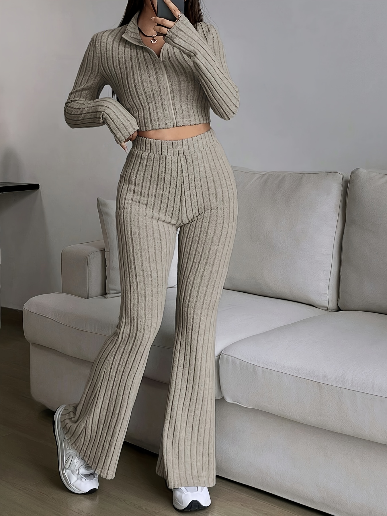 Beige ribbed flared pants and crop top set