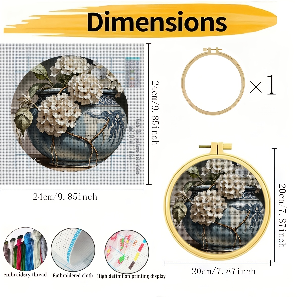 Round Cross Stitch Printed Kit with Hoop, "Blue And White Potted White Hydrangea" Pattern