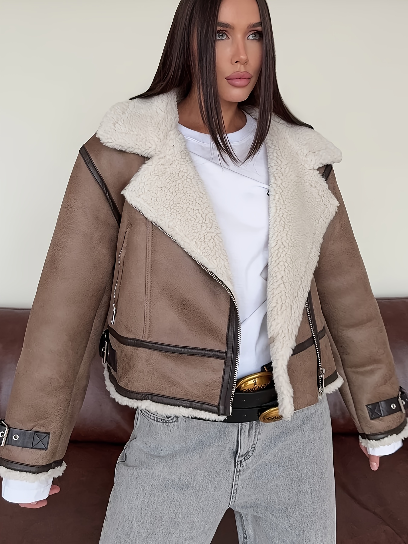 chaqueta mujer aftf cuero pu piel peluche estilo Temu Ecuador