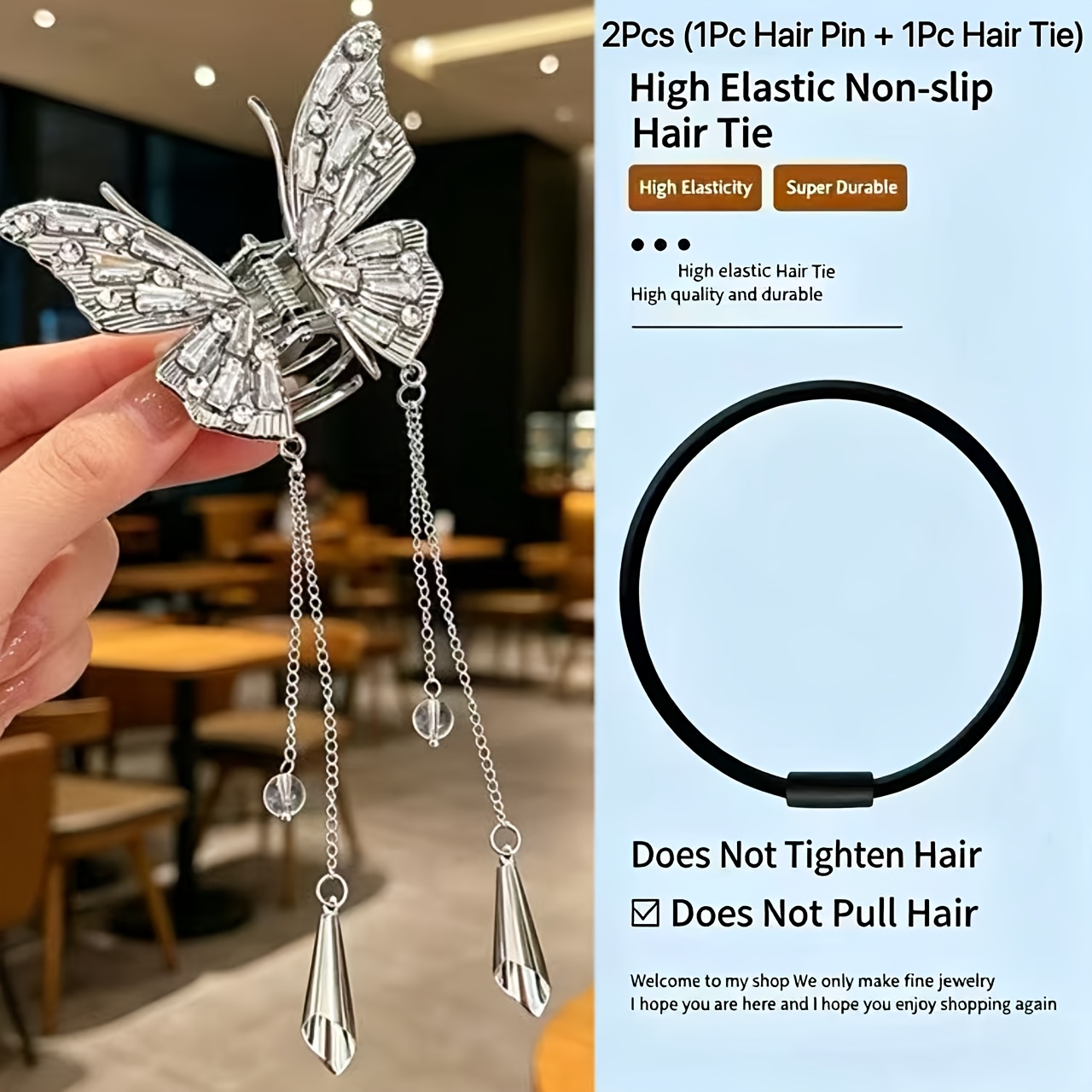 TEMU 2pcs [1pcs Minimal Silvery Alloy Drop Tassel Half Claw 1pc Hair Tie]kit, Gentle Basic Hair Band Daily Back Half-up Hair Clip For Students &