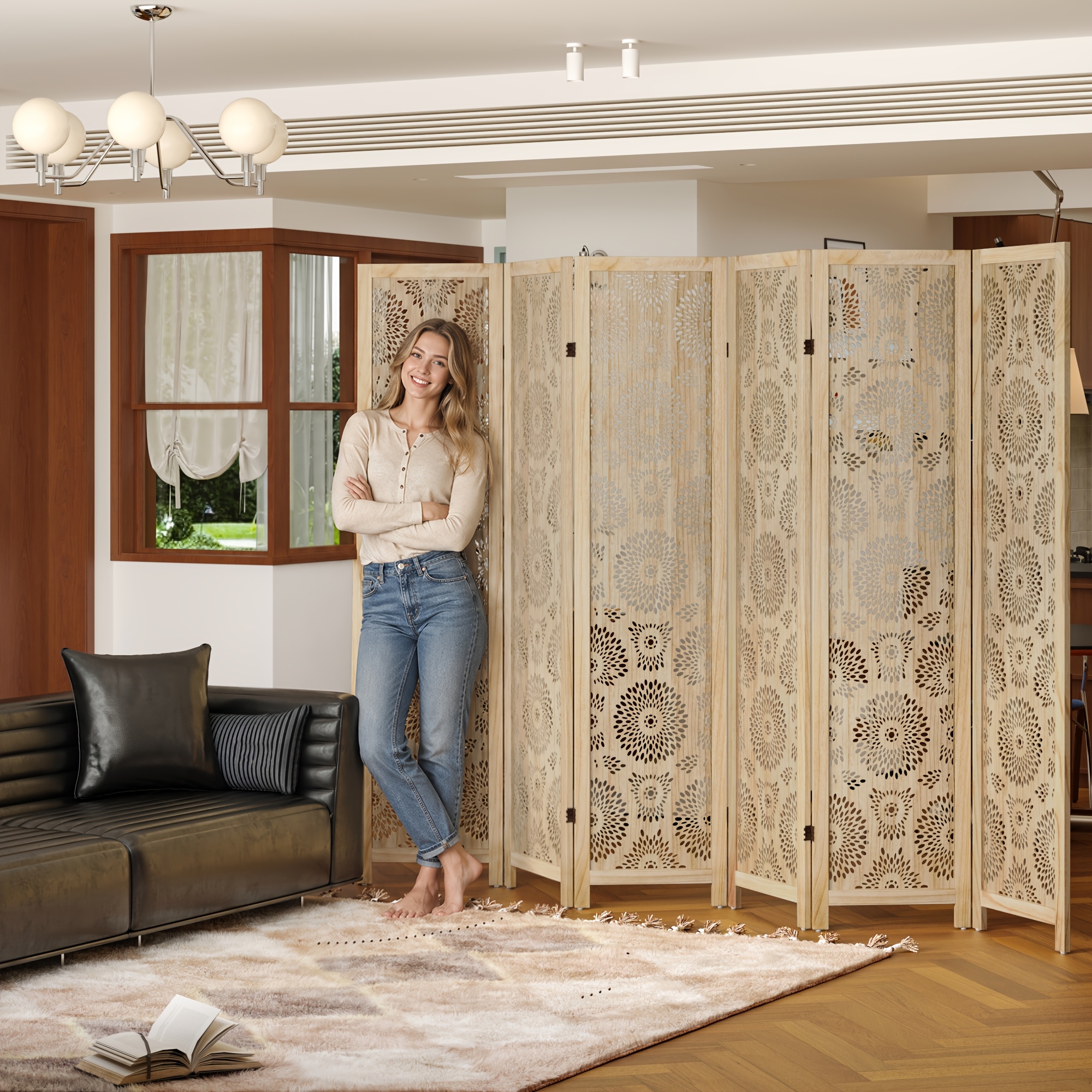 6 Or 4 Panel Wood Screen Room Divider, Farmhouse Style Carved Boho Wall Dividers Folding Screens, Freestanding Hollow Partition Privacy Screen for Home Office Bedroom Studio Apartment, Natural