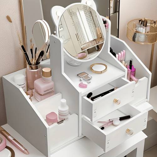 freestanding cosmetic organizer with built in mirror easy assembly multi compartment design portable and unfinished surface storage capacity less than 3 2 cubic feet height less than 27 inches