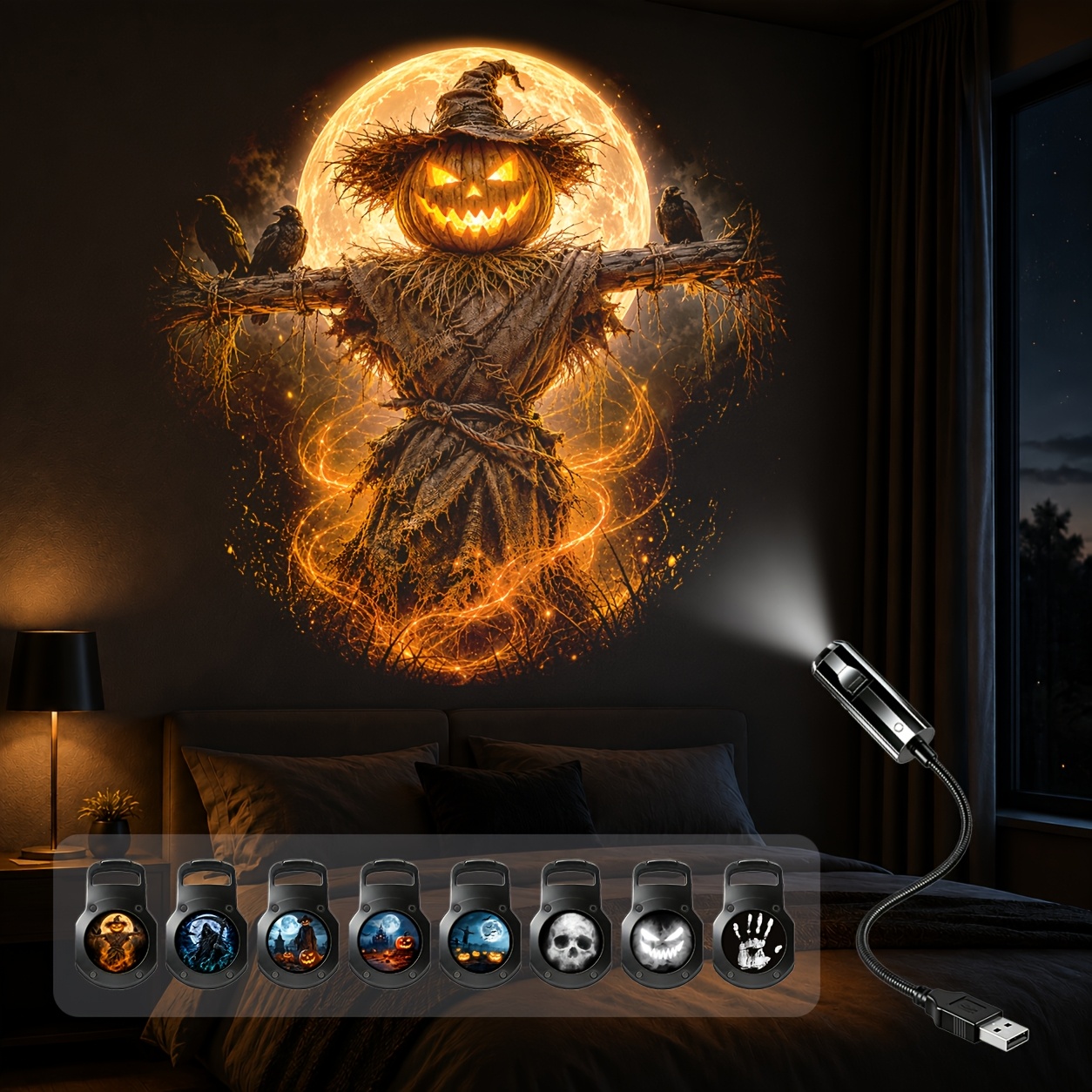 TEMU Usb Halloween Projector Light, Comes With 8 Slides Including A , The Reaper, And A Pumpkin; Perfect For A Festive Nightlight In The Bedroom.