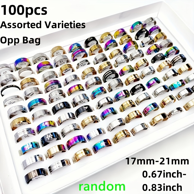 TEMU 10//50/100pcs/pack Stainless Steel Mixed Rings Men&;s And Women&;s Fashion Rings Assorted Sizes 17mm-21mm Wholesale,suitable For Men And Women