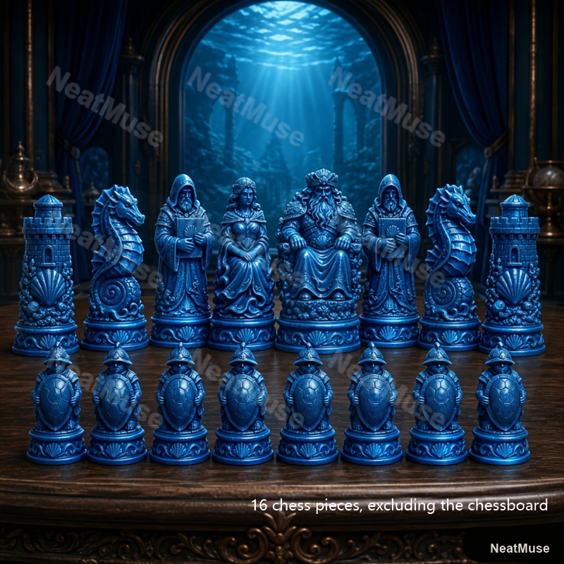 Image of 16pcs 3d Printed Chess Pieces, Poseidon King, Queen, Seahorse & Turtle Soldier, Collectible Ornaments Suitable For Halloween And Christmas