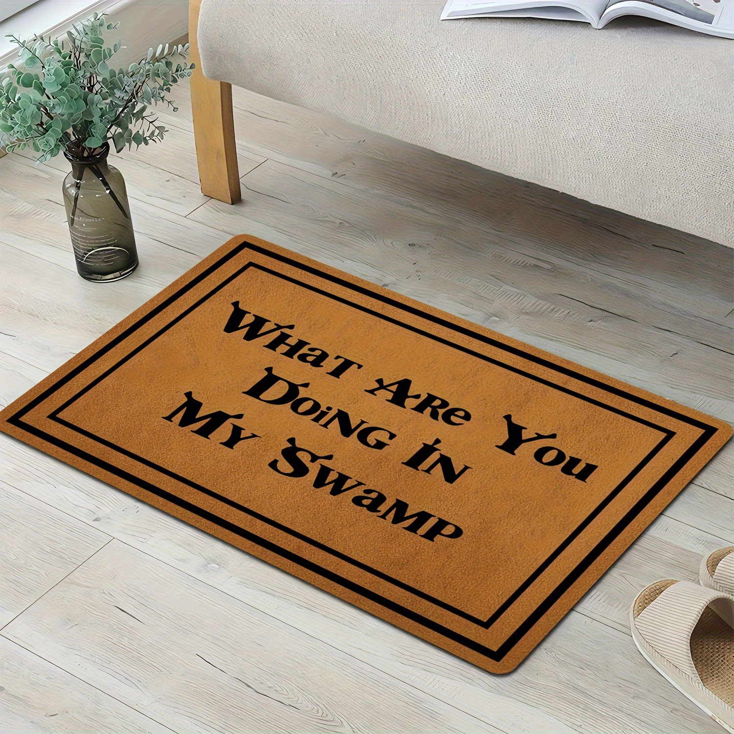 

1pc "what Are You Doing In My Swamp" Welcome Doormat - Machine Washable, Rectangle, Non-slip Rubber Backing, Polyester Fiber, Perfect For Entryway And High Traffic Areas