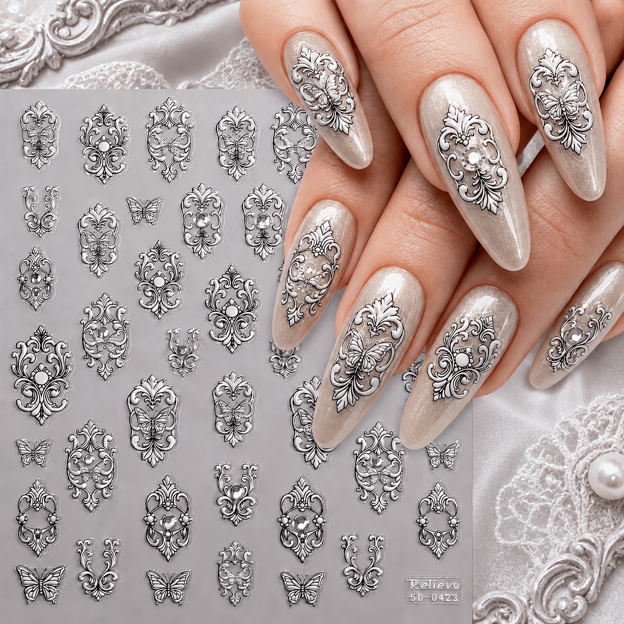 TEMU 1pc 5d Vintage Lace Embossed Nail Sticker, Luxury Baroque Self-adhesive Nail Decals, Perfect For Women's , Parties, Weddings, Dates Nail Art