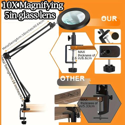 multi function modern large 10x magnifying glass with light 5 in stand lighted magnifier 3 color steepless dimmable led magnifying desk lamp with clamp hands free for close work crafts hobby