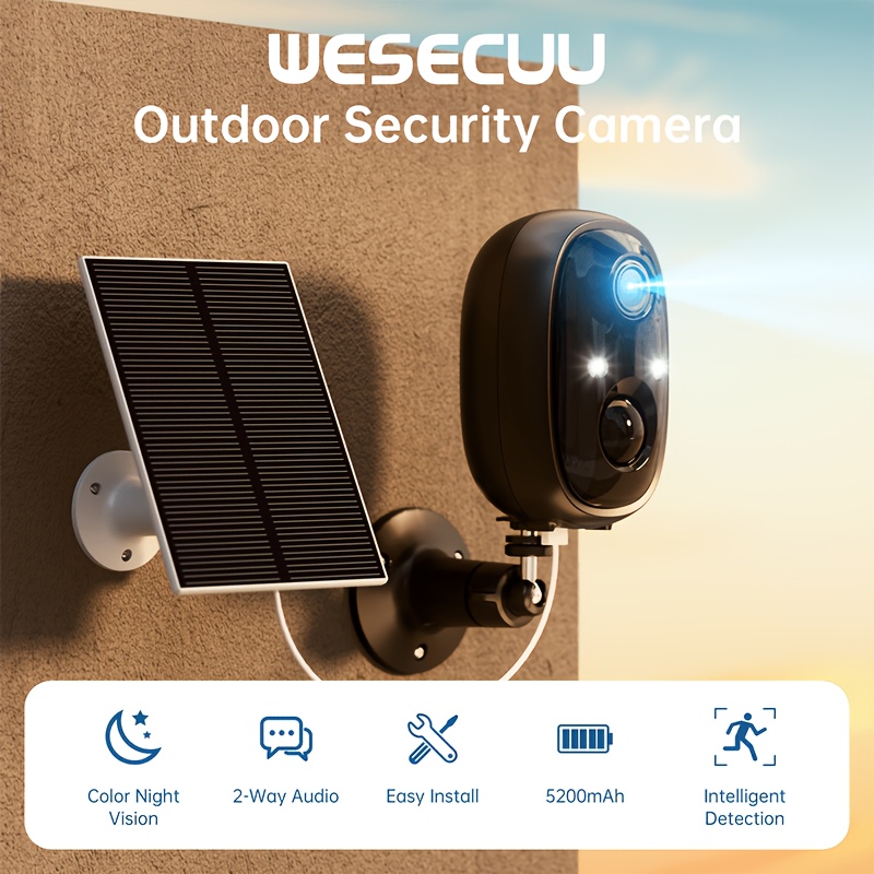 TEMU Caméra solaire 2K extérieure fil, caméras 2.4Gwifi pour la sécurité de avec panneau solaire, projecteur vision couleur, détection de mouvement