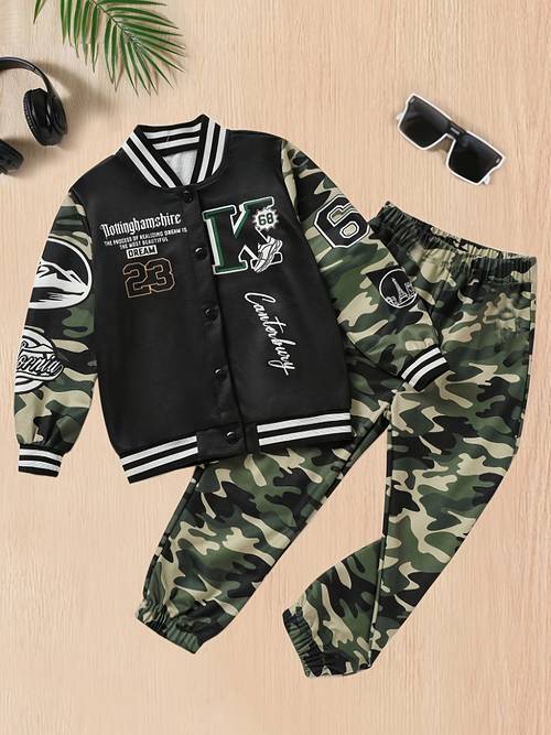 2pcs set boys camouflage letter print jacket baseball uniform and casual pants suit suitable for outdoor spring and autumn as a gift