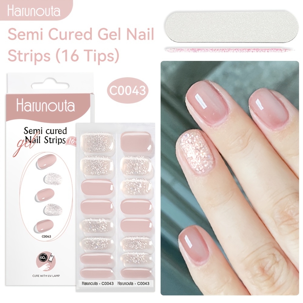 Image of 16-strip Harunouta Semi-cured Gel Nail Strips With - Red Glitter Nail Wraps, Pre-cut To Shape For Diy Manicure, /look ( Stickers)