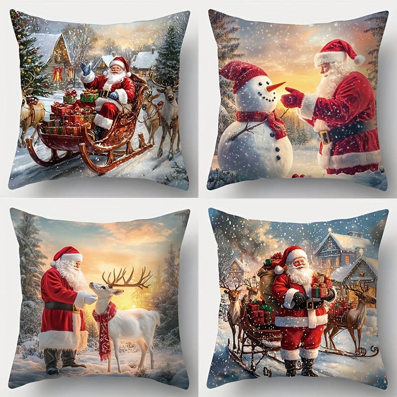 

4pcs Christmas Throw Pillow Covers Set - Santa Claus, Reindeer, Sled & Snowman Designs, 18x18 Inch, Zip Closure, Machine Washable Polyester - Holiday Decor