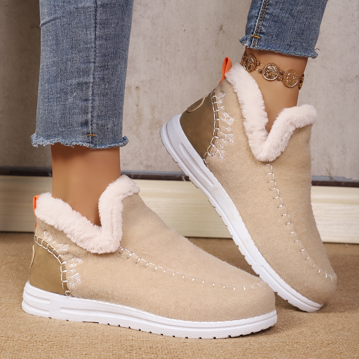 Vintage Tweed Patchwork Plush V-Neck Boots
